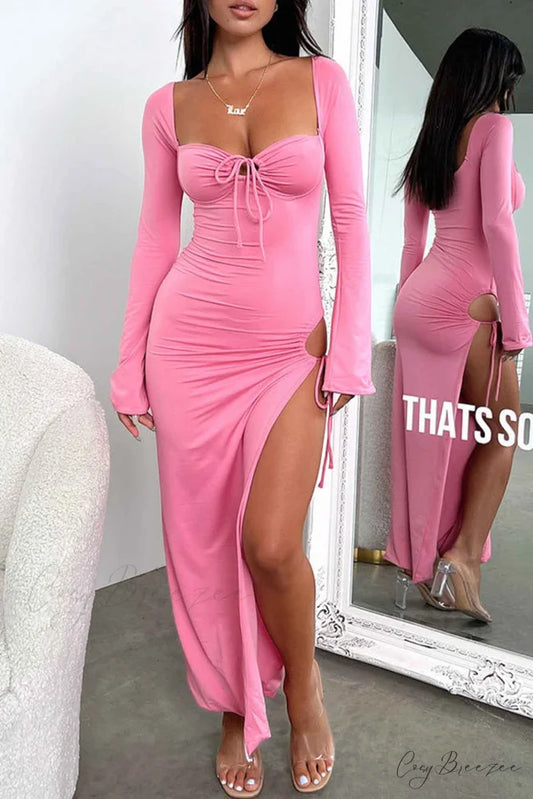 Lace Up Hollow Out Slit Dress with Long Sleeves Pink / S