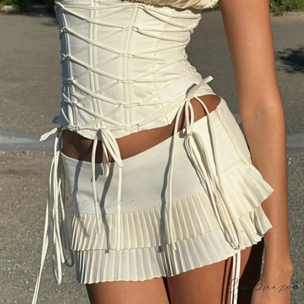 Lace Up Layered Ruffle Skirt WHITE / S skirts-250223