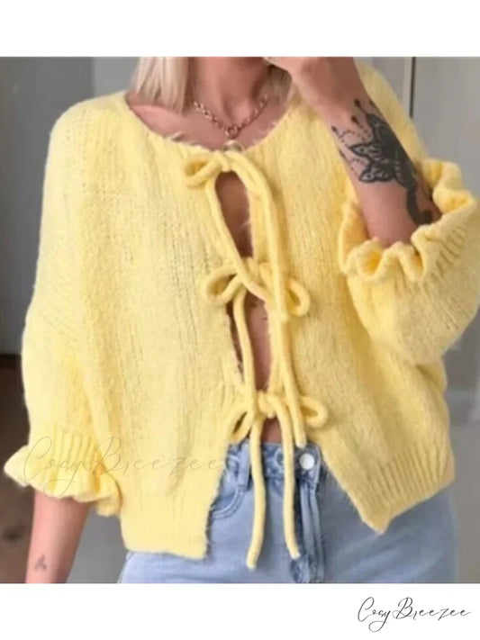 Lace-Up Petal Sleeve Thick Knit O-Neck Cardigan BB SW6295 / S cardiagn-250126