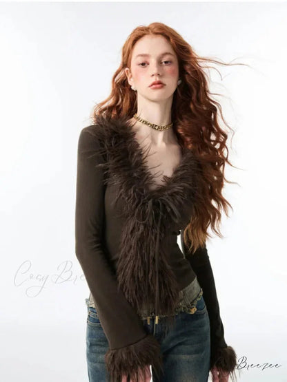Lace Up Plush V-neck Cardigan cardigans-241228
