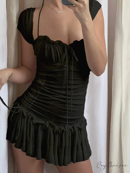 Lace Up Ruffle Trendy Ditsy Floral Mini Dress Black / S
