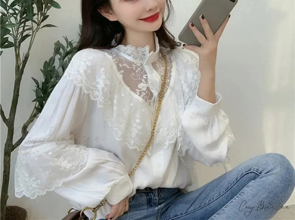 Lace Up Ruffled Sweet Loose Spring Crop Top WHITE / S blouse-250126