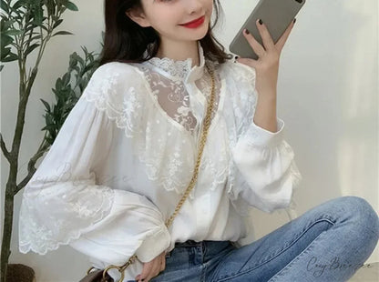 Lace Up Ruffled Sweet Loose Spring Crop Top WHITE / S blouse-250126