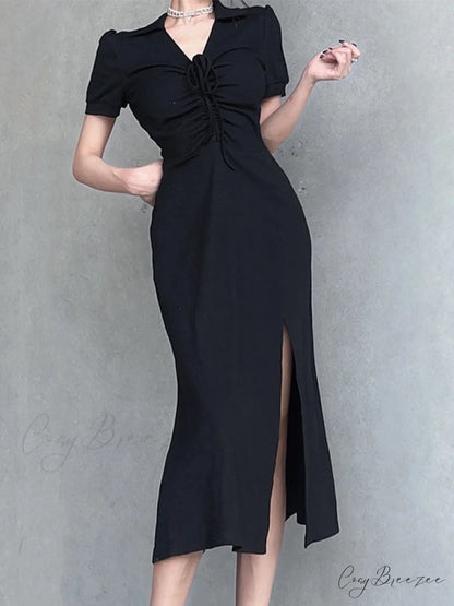 Lace Up Slit Trendy Green Maxi Dress Black / S