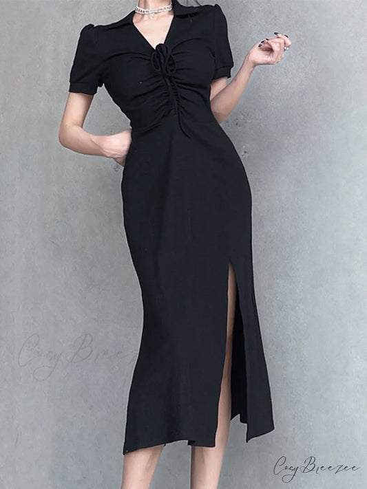 Lace Up Slit Trendy Green Maxi Dress Black / S