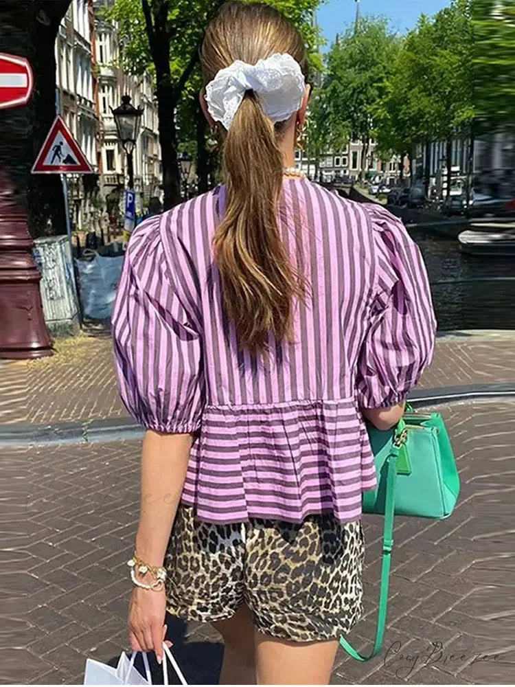 Lace Up Striped O-neck Loose Short Sleeve Crop Top blouse-250126