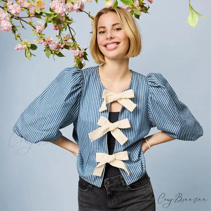 Lace Up Striped O-neck Loose Short Sleeve Crop Top Blue / S blouse-250126
