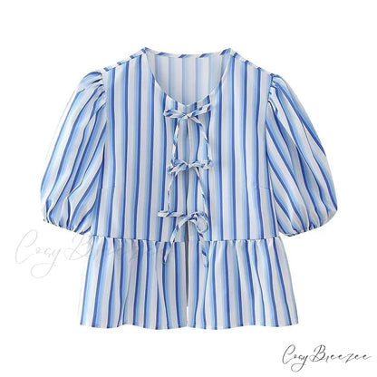 Lace Up Striped O-neck Loose Short Sleeve Crop Top blue1 / S blouse-250126