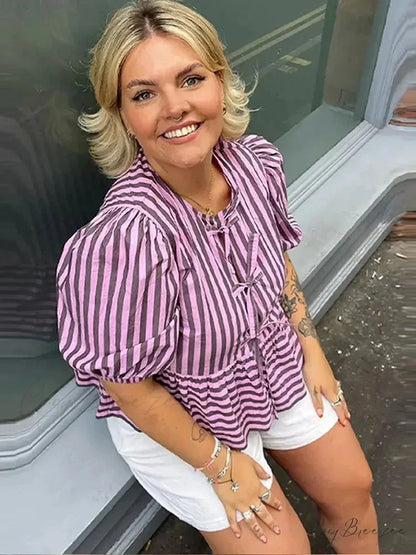 Lace Up Striped O-neck Loose Short Sleeve Crop Top Purple / S blouse-250126