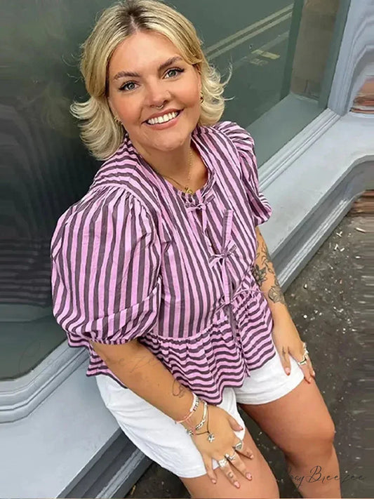 Lace Up Striped O-neck Loose Short Sleeve Crop Top Purple / S blouse-250126