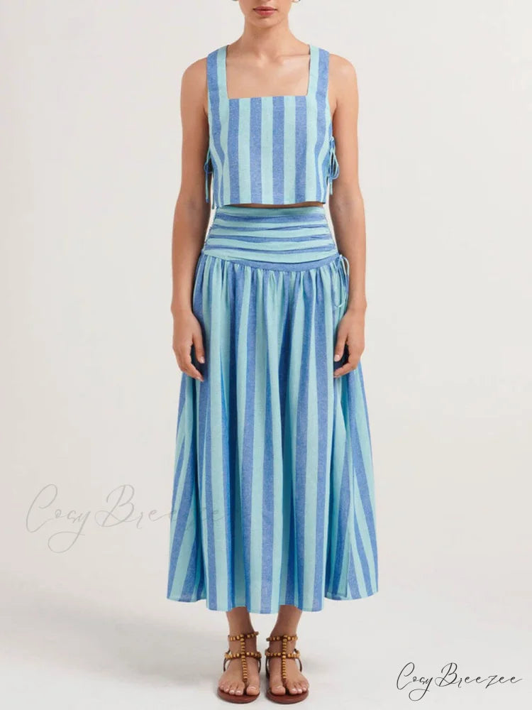 Lace-up Tank and Ruched Graceful Waist Midi Skirt Set