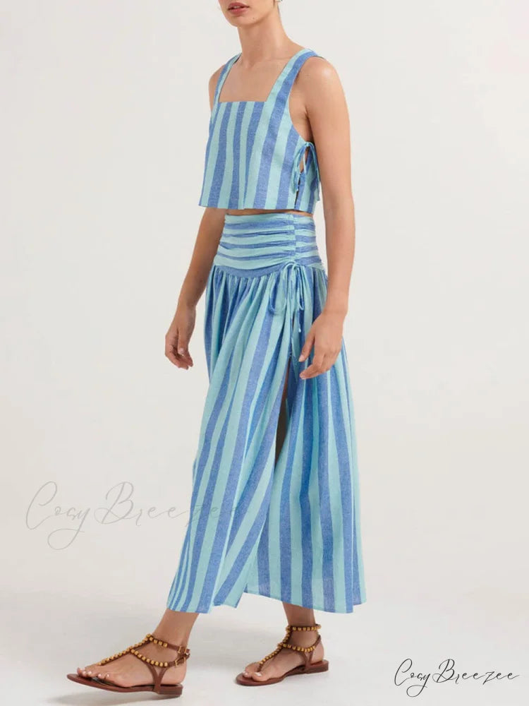 Lace-up Tank and Ruched Graceful Waist Midi Skirt Set