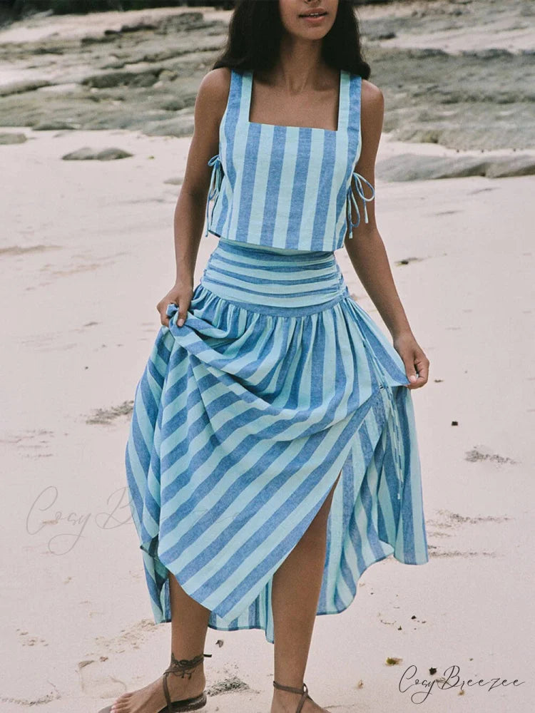 Lace-up Tank and Ruched Graceful Waist Midi Skirt Set Blue / S