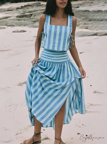Lace-up Tank and Ruched Graceful Waist Midi Skirt Set Blue / S