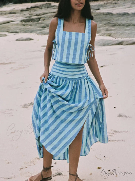 Lace-up Tank and Ruched Graceful Waist Midi Skirt Set Blue / S