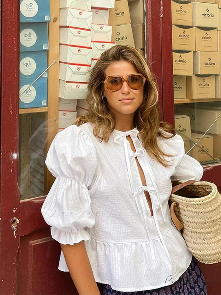 Lace-Up Tie-Up Puff Sleeve Midi Blouse blouse-250223