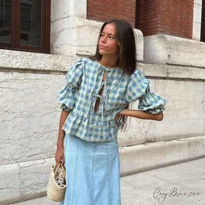 Lace-Up Tie-Up Puff Sleeve Midi Blouse Blue / S blouse-250223