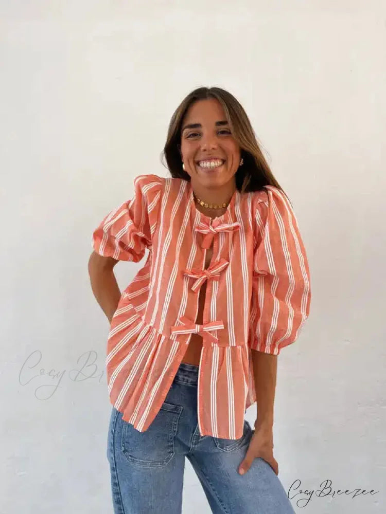 Lace-Up Tie-Up Puff Sleeve Midi Blouse oragnge / S blouse-250223