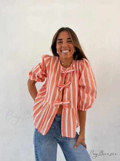 Lace-Up Tie-Up Puff Sleeve Midi Blouse oragnge / S blouse-250223
