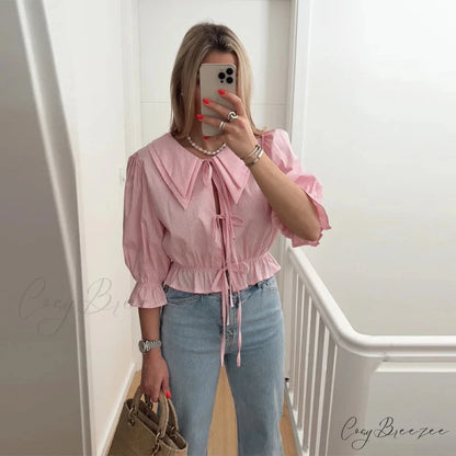 Lace-Up Tie-Up Puff Sleeve Midi Blouse pink a / S blouse-250223