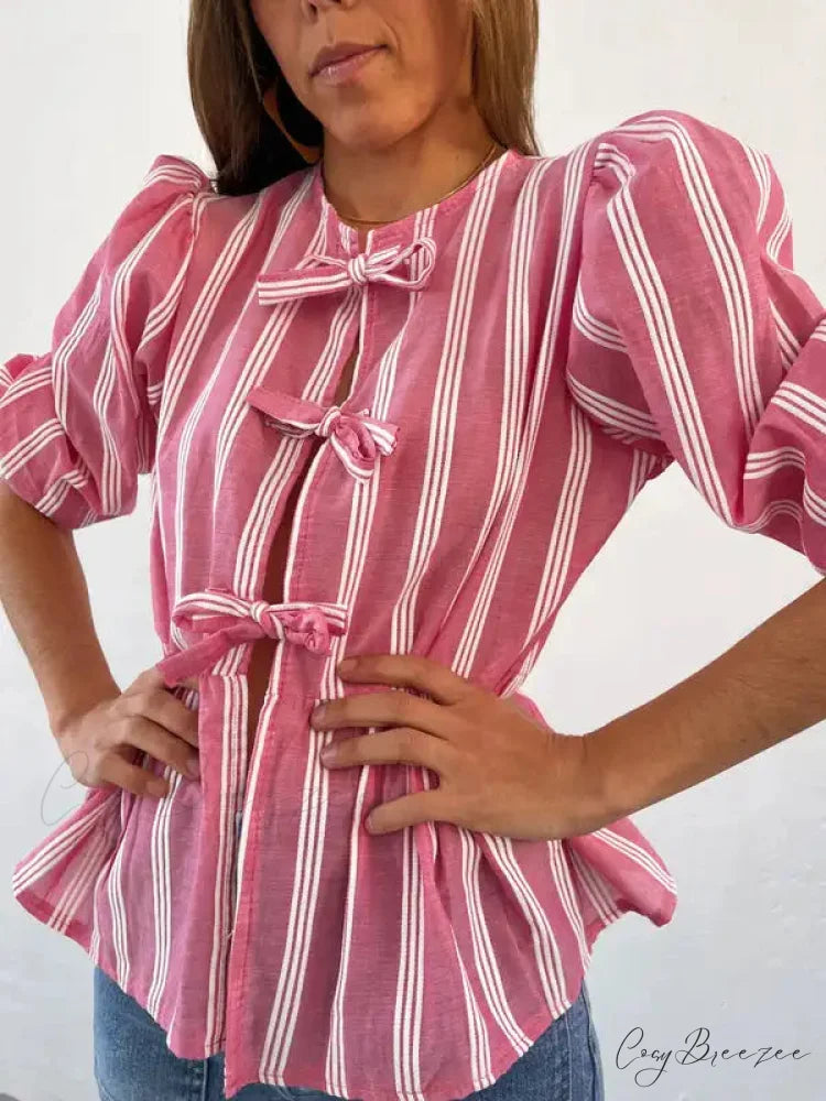 Lace-Up Tie-Up Puff Sleeve Midi Blouse pink b / S blouse-250223