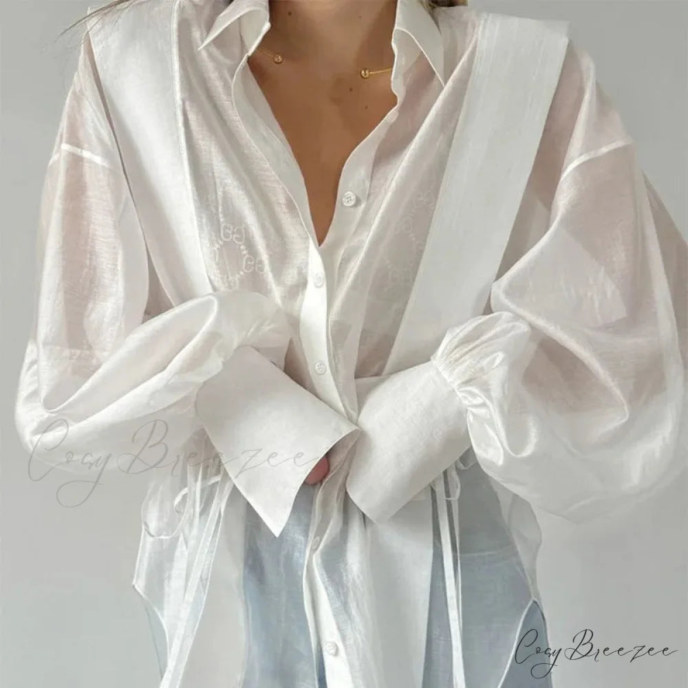 Lace-Up Transparent Casual Shirt blouse-250223