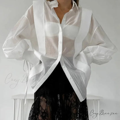 Lace-Up Transparent Casual Shirt blouse-250223
