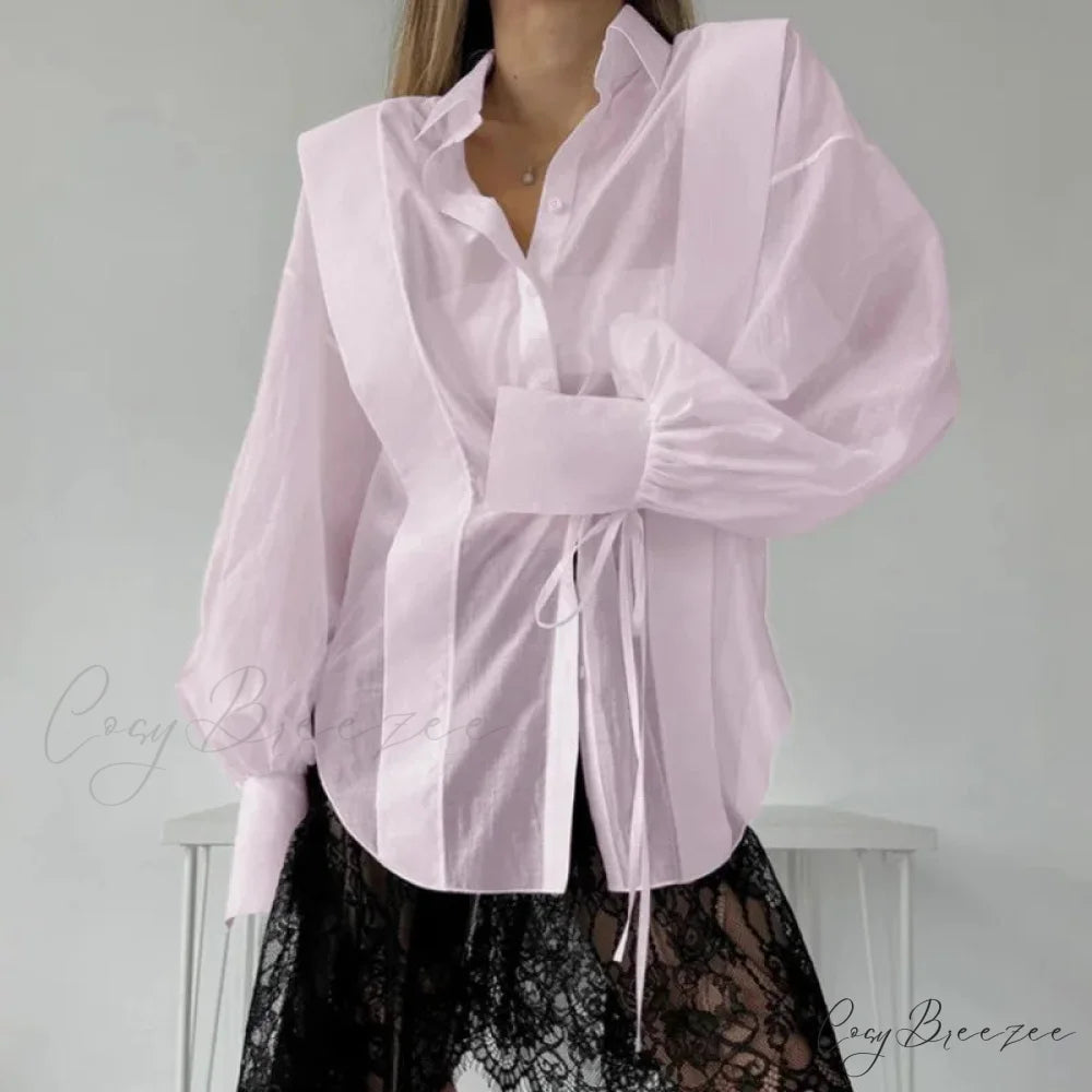 Lace-Up Transparent Casual Shirt Pink / S blouse-250223