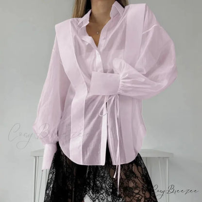 Lace-Up Transparent Casual Shirt Pink / S blouse-250223