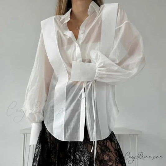 Lace-Up Transparent Casual Shirt WHITE / S blouse-250223