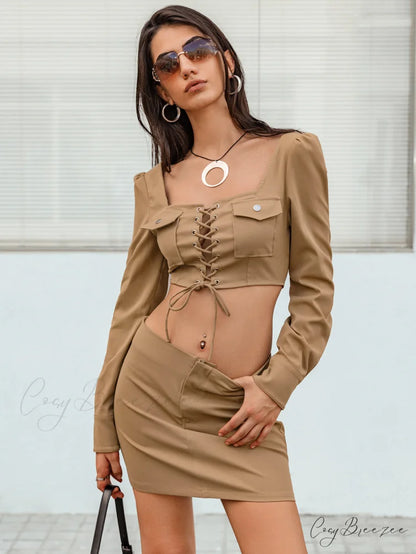 Lace-Up with and Set Cropped Top Skirt Detail Tan / S