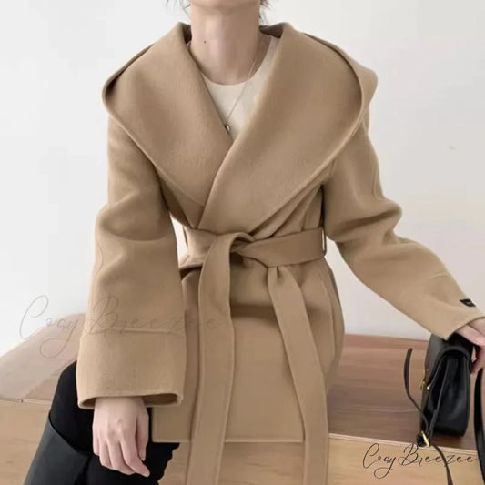 Lace-Up Woolen Hooded Jacket Coat Camel / One Size overcoats-241228