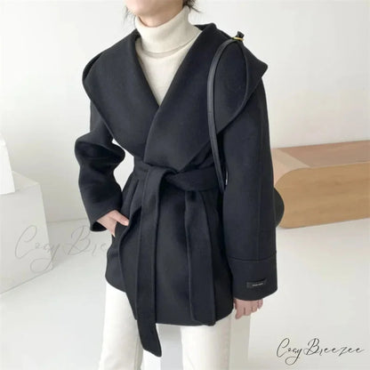 Lace-Up Woolen Hooded Jacket Coat overcoats-241228