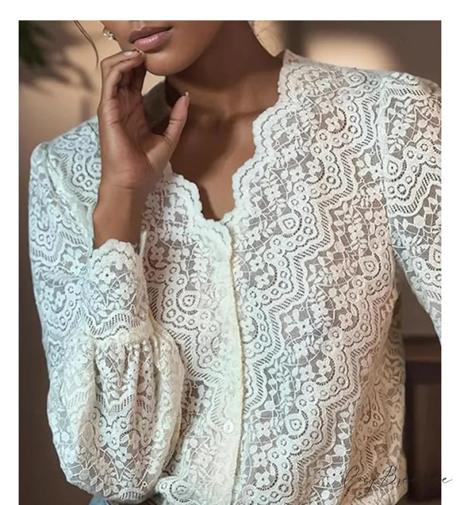 Lace V-Neck Floral Vintage Elegant Long Sleeve Blouse APRICOT / S bohoblouse-250126