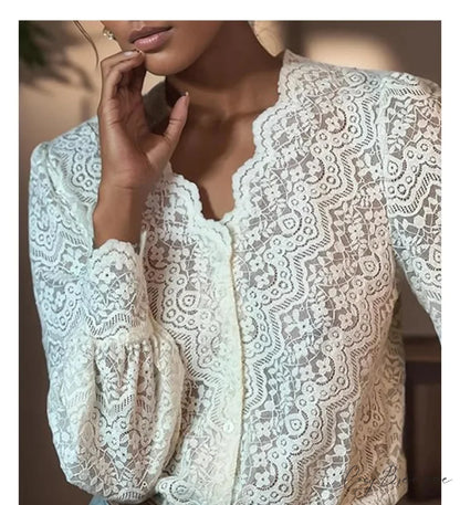 Lace V-Neck Floral Vintage Elegant Long Sleeve Blouse APRICOT / S bohoblouse-250126
