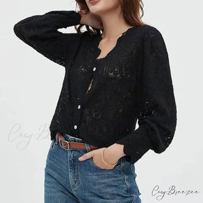 Lace V-Neck Floral Vintage Elegant Long Sleeve Blouse Black / S bohoblouse-250126