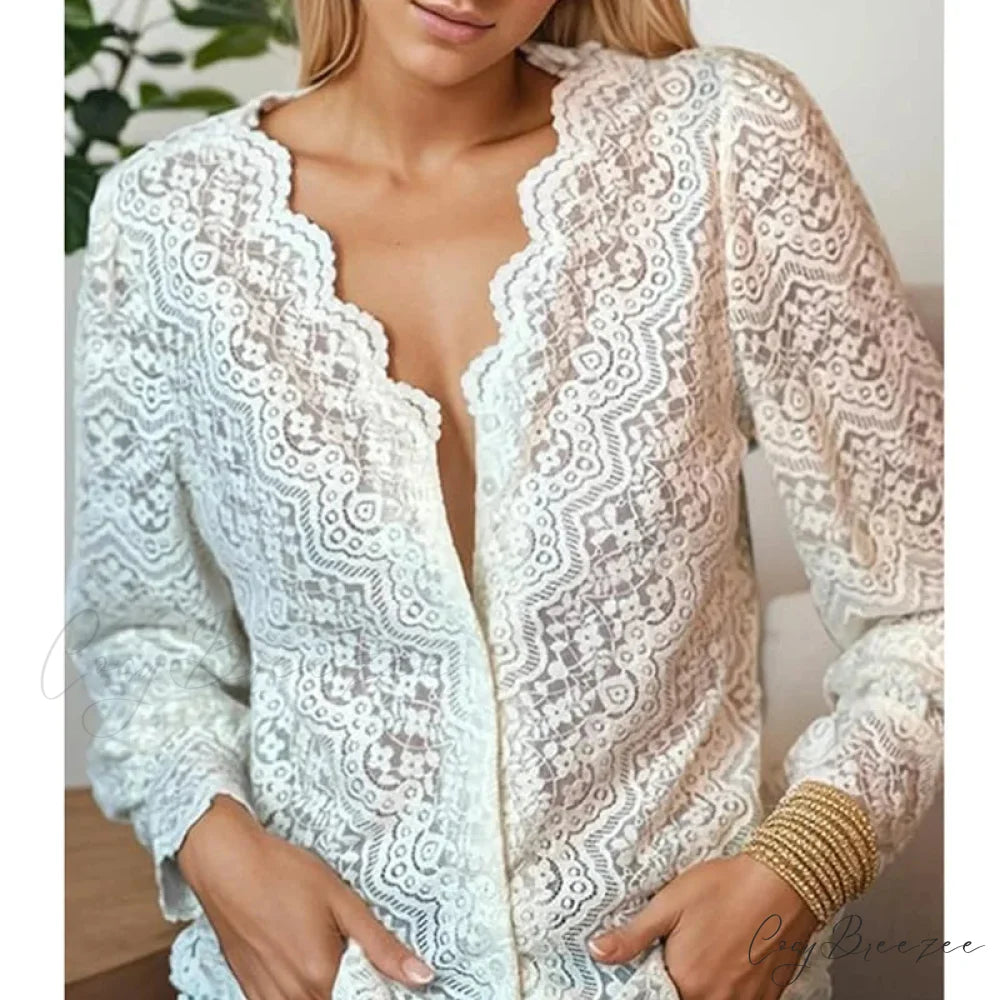 Lace V-Neck Floral Vintage Elegant Long Sleeve Blouse bohoblouse-250126