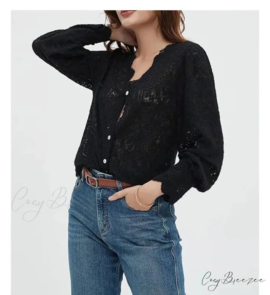 Lace V-Neck Floral Vintage Elegant Long Sleeve Blouse bohoblouse-250126