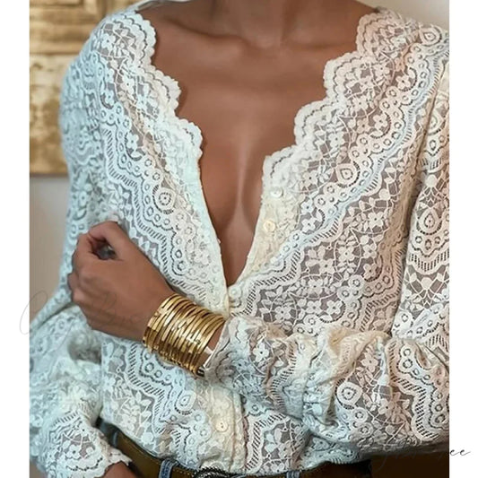 Lace V-Neck Floral Vintage Elegant Long Sleeve Blouse bohoblouse-250126