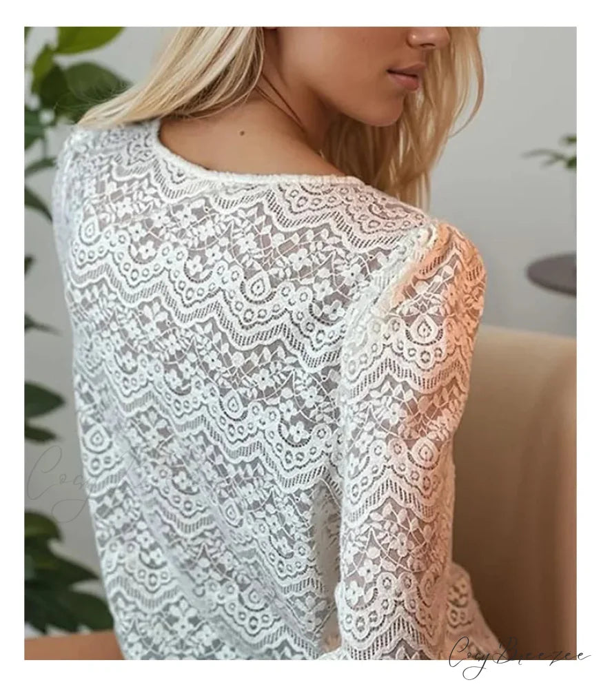 Lace V-Neck Floral Vintage Elegant Long Sleeve Blouse bohoblouse-250126