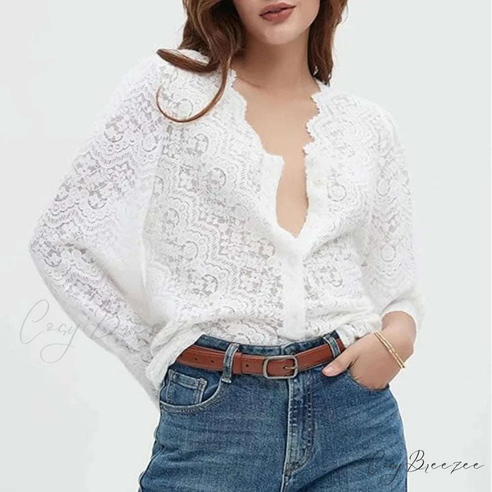 Lace V-Neck Floral Vintage Elegant Long Sleeve Blouse White / S bohoblouse-250126