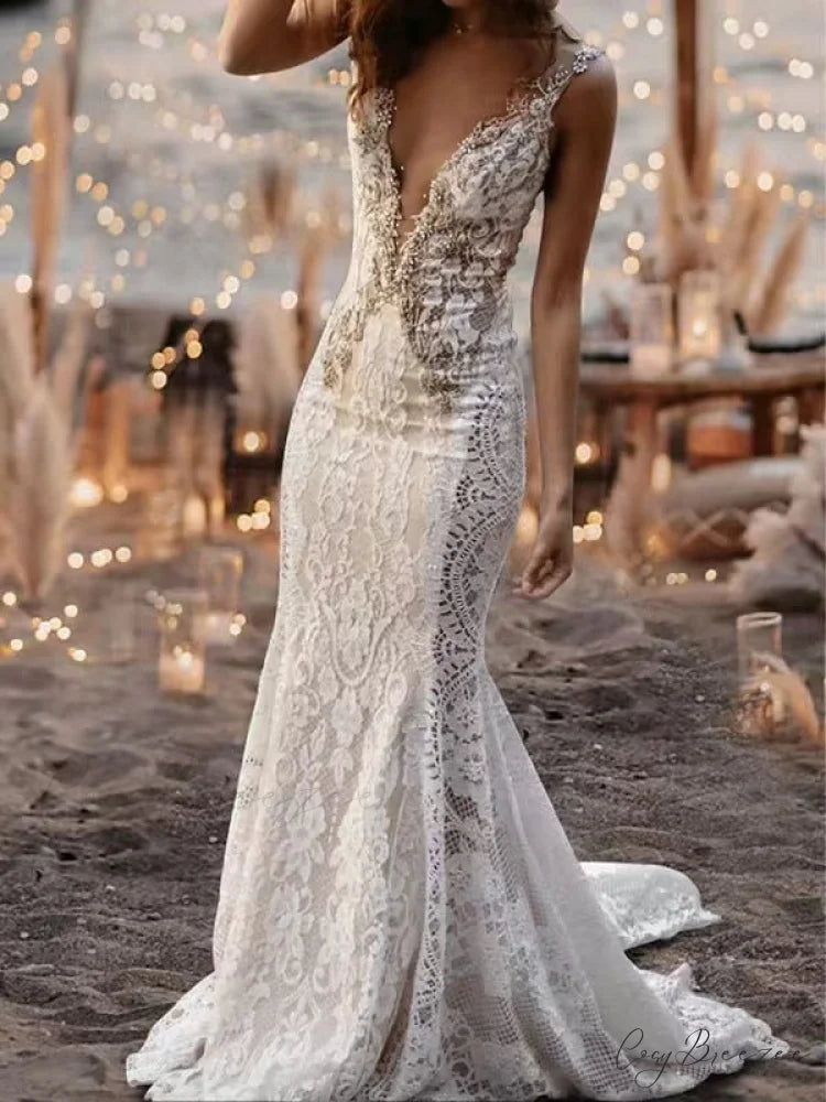 Lace V-Neck Mermaid Wedding Dress lvory white / US 2 weddingdress-250223