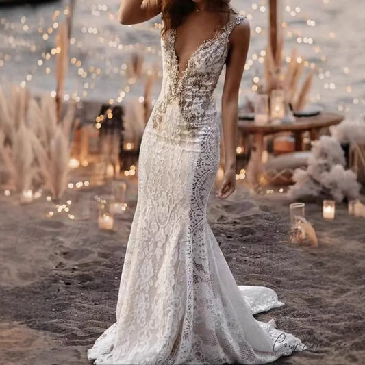 Lace V-Neck Mermaid Wedding Dress weddingdress-250223