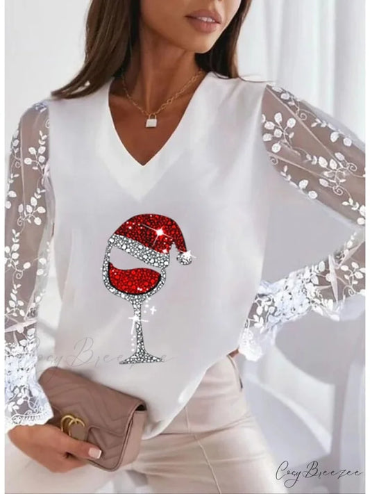 Lace Women’s Patchwork Silver Maroon Reindeer Christmas Peach Trim Tee White / S