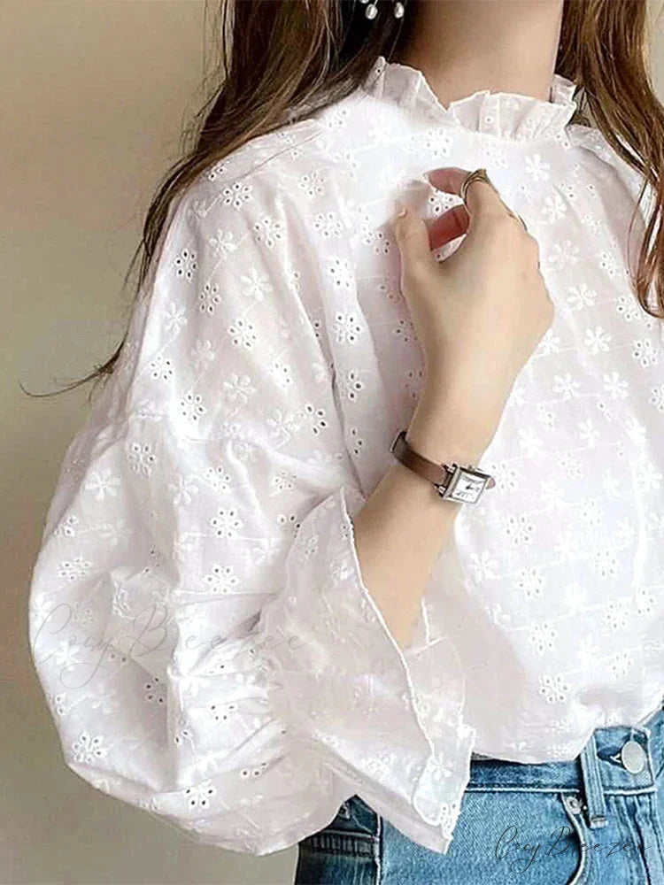 Laced Pleated Puffy Sleeve Retro Blouse blouse-250126