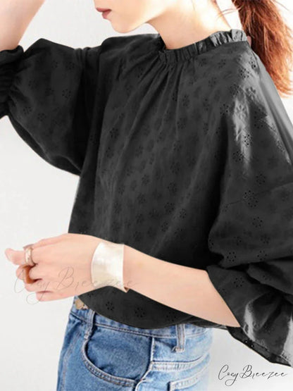 Laced Pleated Puffy Sleeve Retro Blouse Black / S blouse-250126