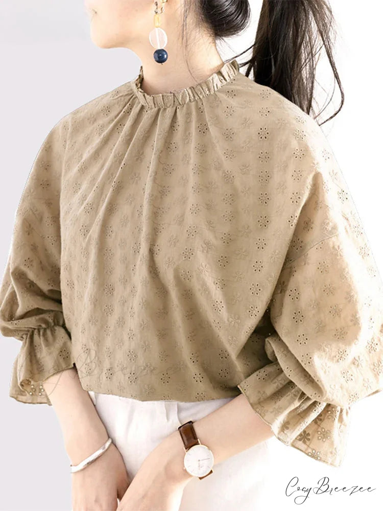 Laced Pleated Puffy Sleeve Retro Blouse Khaki / S blouse-250126