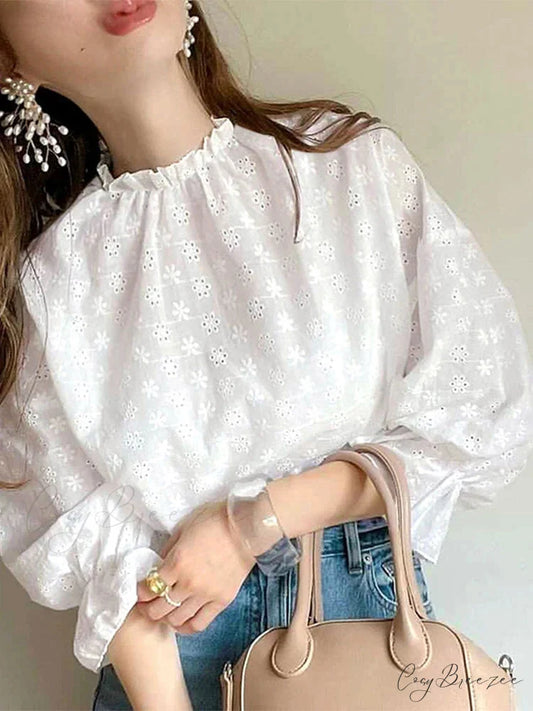 Laced Pleated Puffy Sleeve Retro Blouse WHITE / S blouse-250126