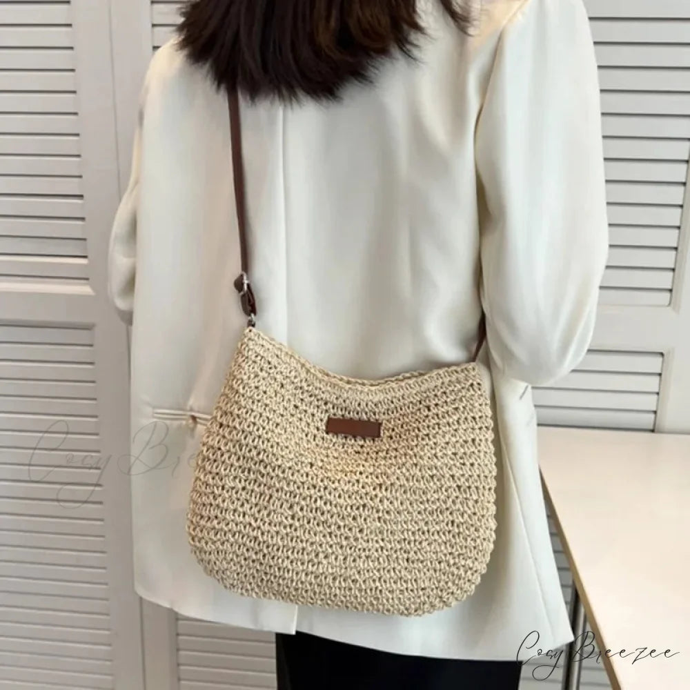 Ladies Summer Straw Crossbody Shoulder Bag Beige / 29x24x6cm shoulder-250126