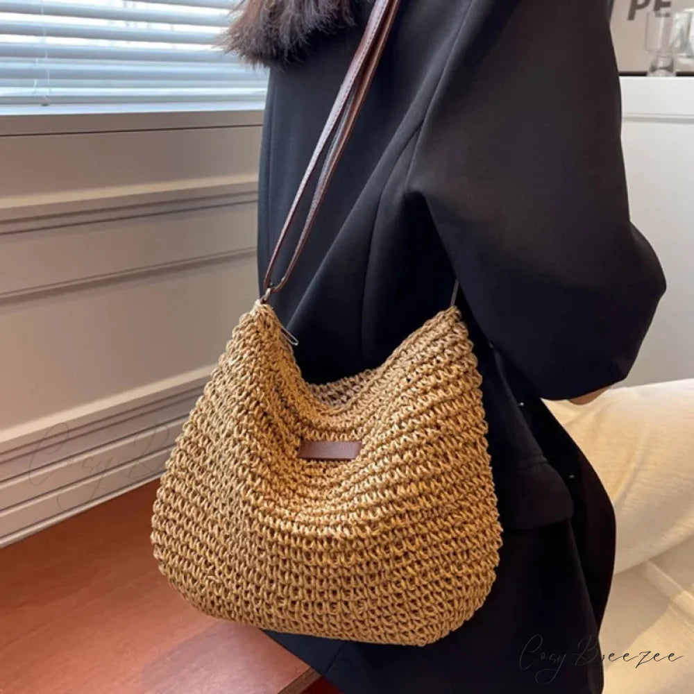 Ladies Summer Straw Crossbody Shoulder Bag dark khaki / 29x24x6cm shoulder-250126